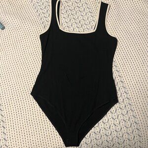 Heatherly Estelle Square Neck Knit Bodysuit, Black and White, Size LP